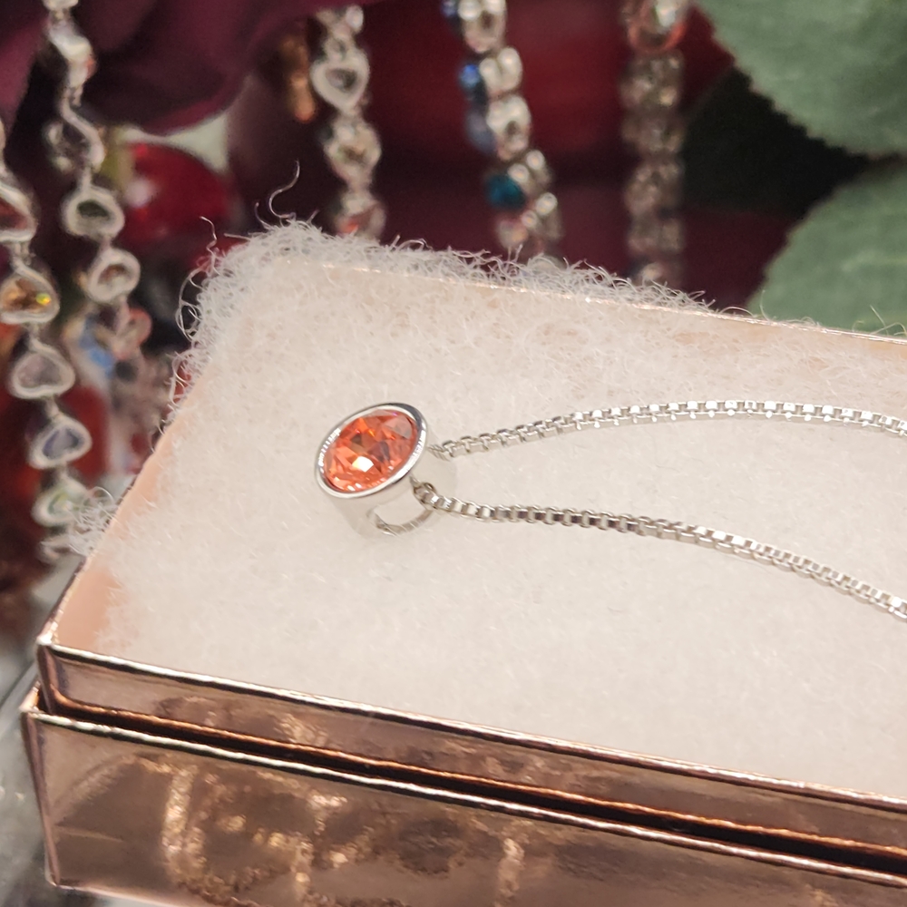 Elegant Swarovki Crystal's Solitaire Pinkish Orange Silver Necklace 18" - Picture 8 of 11